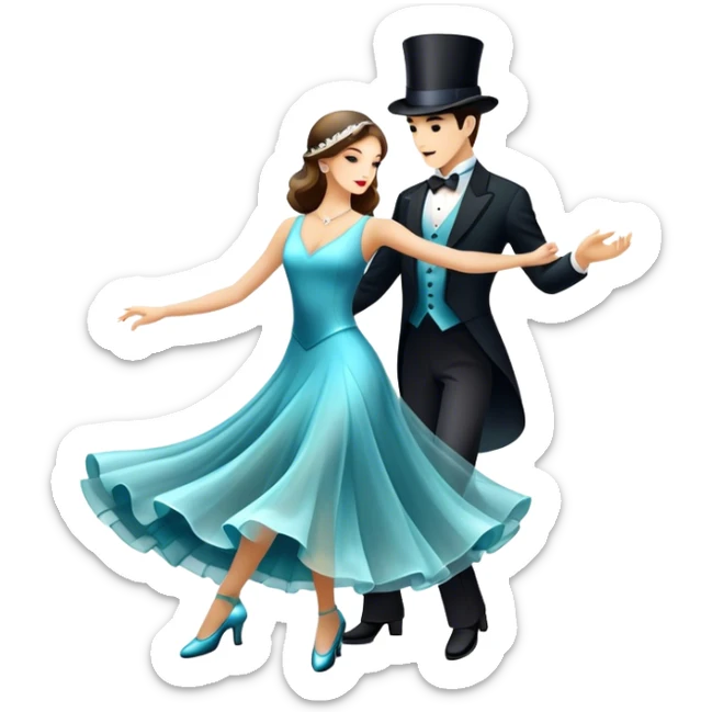 Icon for Ballroom Dancing: a pair of elegant dance shoes, a flowing dress, a top hat, and a dance floor spotlight. The icon should represent the elegance and atmosphere of ballroom dance, focusing on the iconic dance elements. Transparent background. sticker