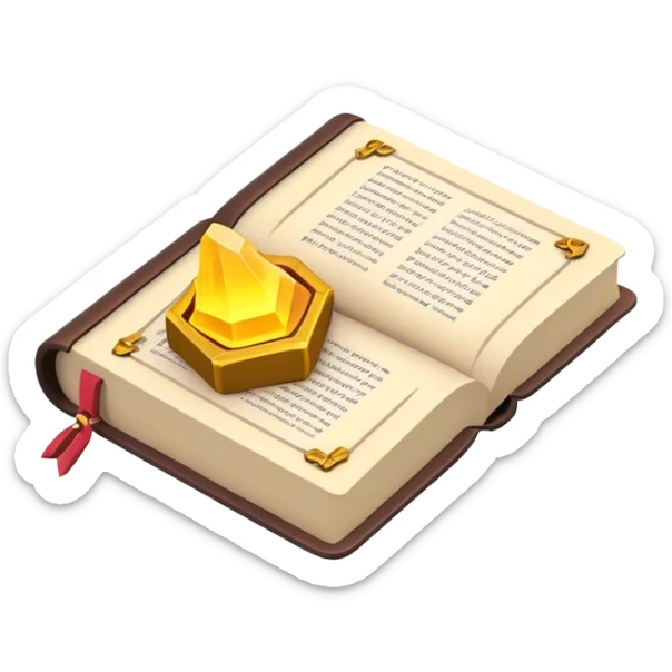 Clash of Clans aesthetic: Cinematic Playful 3D Isometric Spell Book Emoji, rendered in a 3D vector-style similar to standard emojis with minimal shading and bold, simplified shapes. A compact, distinct form with signature details, softly glowing with a fantasy RPG magic charm. Simplified yet unmistakably iconic, highly detailed and consistent, glowing with a soft radiance and high shine. Stylized with a touch of heroic grandeur and a soft glowing outline, capturing the essence of a beloved gaming relic with a friendly, playful manner! sticker