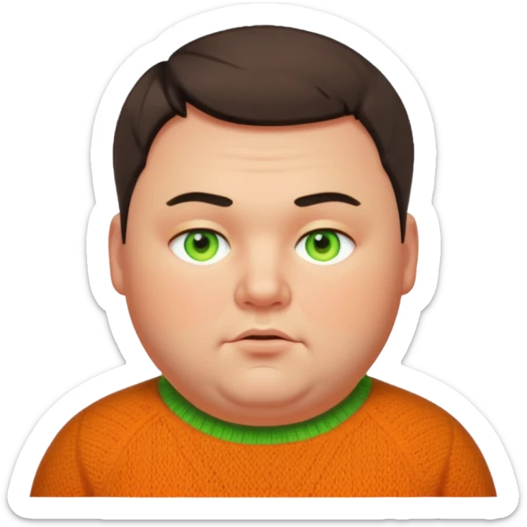 emoji of a chubby man in his 30s, short hair, dark yellow-orange woolen sweater, glowing neon green eyes sticker