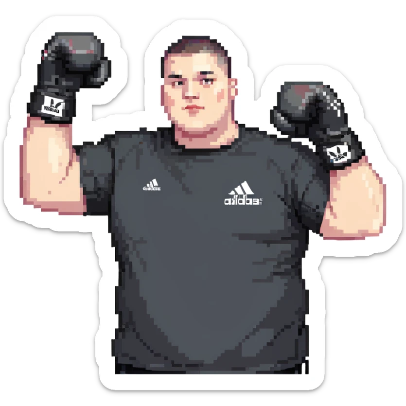 white man with dark hair, dark eyes, buzzcut faded haircut, overweight 100kg boxer, chubby face, stocky build, wearing full black clothes, black adidas boxing gloves, victory pose with arms raised, upper body only no legs visible, highly pixelated sticker