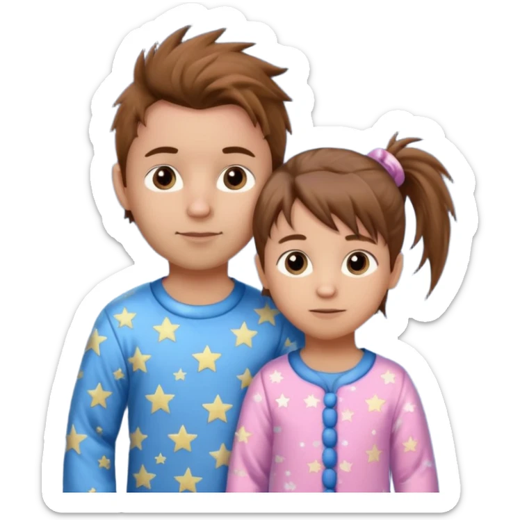 4 year old brown spikey haired boy with blue pajamas with stars on them and a 1 year old brown haired pony tail girl with pink pajamas, and stars on them with light skin sticker