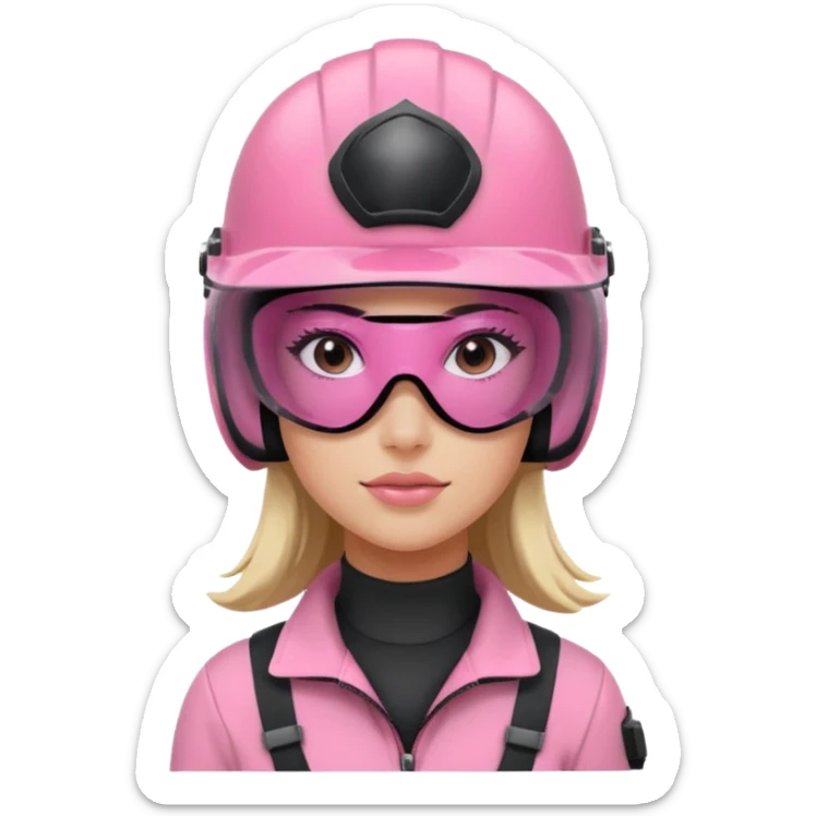 pink power ranger, woman emoji, with helmet on, black visor eye protection sticker