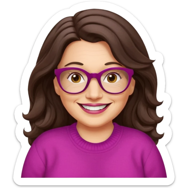 50 yr Caucasian woman, long dark brown hair parted on side, brown eyes, brown glasses, big smile, white teeth, fuscia sweater, chubby, wavy hair sticker