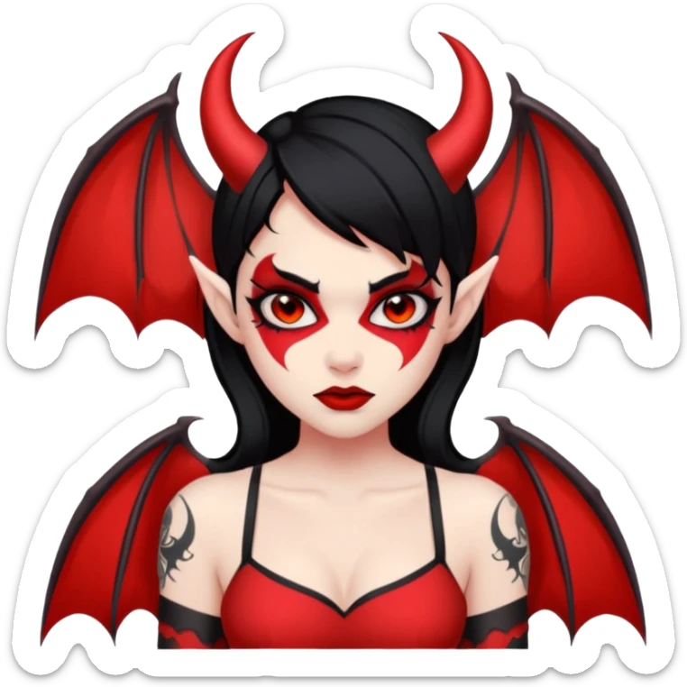 Demon girl: red skin, black hair, small horns, bat wing; tattoo-flash comic style; red/black palette; bold outlines; dark background; no text. sticker