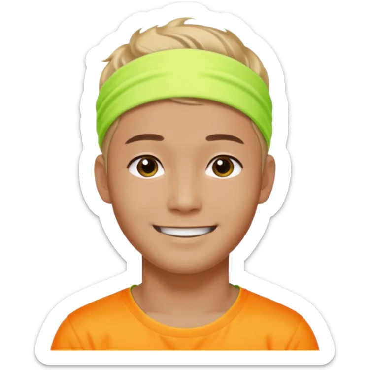 Korean 27-year-old male health coach / Wearing fluorescent colors / White face / Hairband / Smiling expression / Short hair / sticker