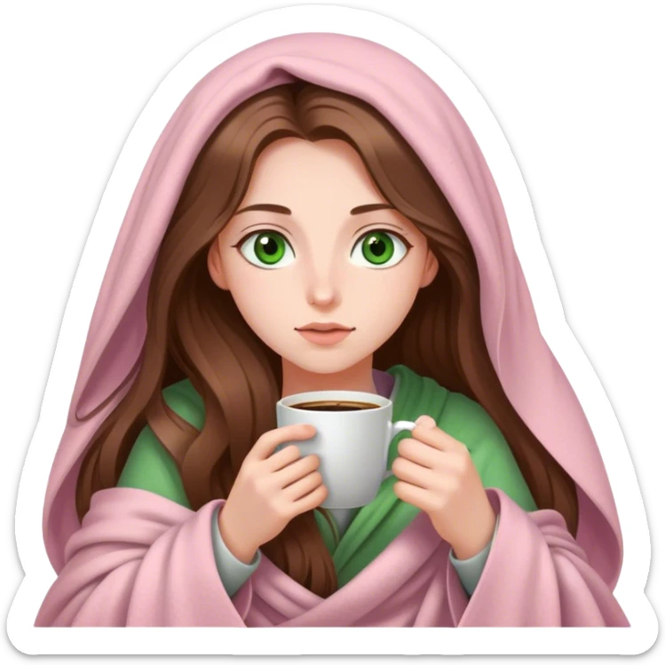 A pretty white girl with very long brown hair and green eyes in a light pink blanket sipping coffee sticker