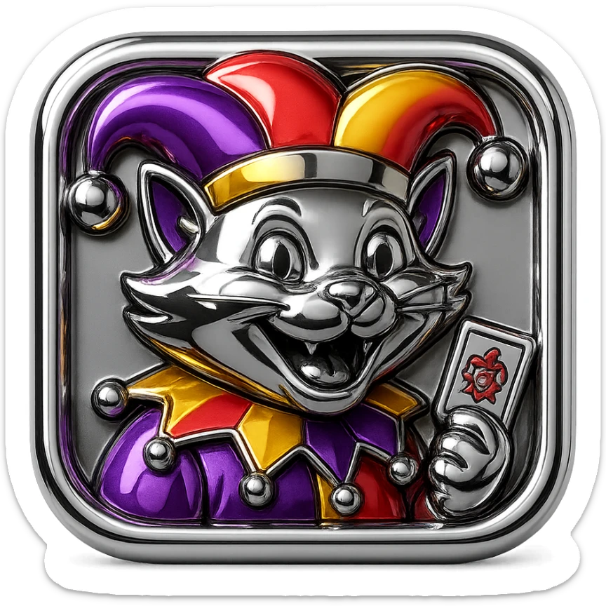 crazy colorful cute little cat jolly joker from poker, medieval, vintage, court jester, mac os icon, purple, gold and red color, half body. Squared shape as 3D mac os icon sticker
