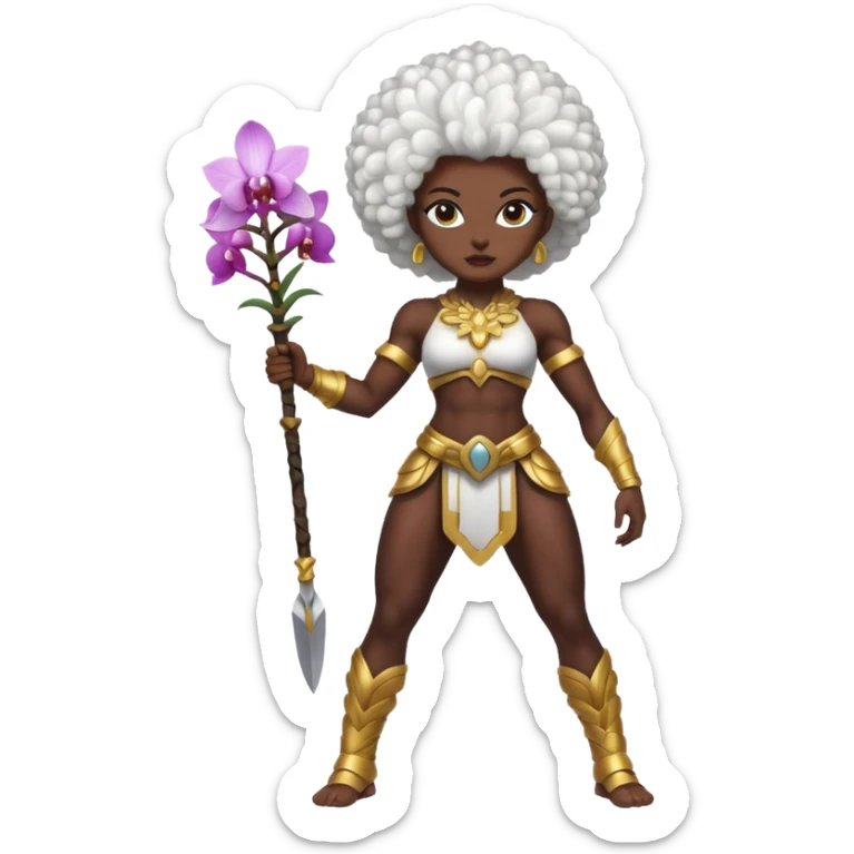 full body dark skin woman white hair afro muscular build orchid warrior spirit sticker