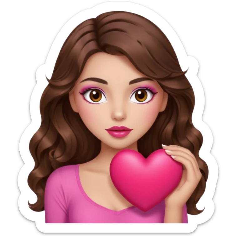 girl with long wavy brown hair, brown eyes, long lashes makeup, sexy pink lips, light to medium complexion, wearing a pink sexy top, squeezing a big heart sticker