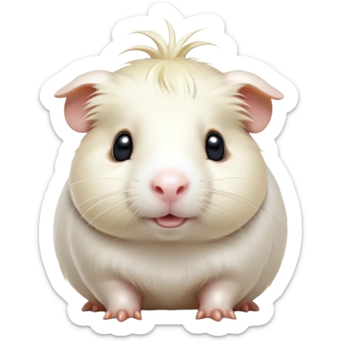 Cinematic Cute White Guinea Pig Portrait Emoji, Head tilted playfully and inquisitively, showcasing a silky, immaculate white coat with a natural glow, round, sparkling dark eyes filled with curiosity, Simplified yet irresistibly adorable features, highly detailed, glowing with a warm, friendly light, high shine, affectionate and lively, stylized with a touch of whimsy, bright and endearing, soft glowing outline, capturing the essence of a mischievous yet loving guinea pig, so playful it feels like it could nuzzle out of the screen and into your arms! sticker