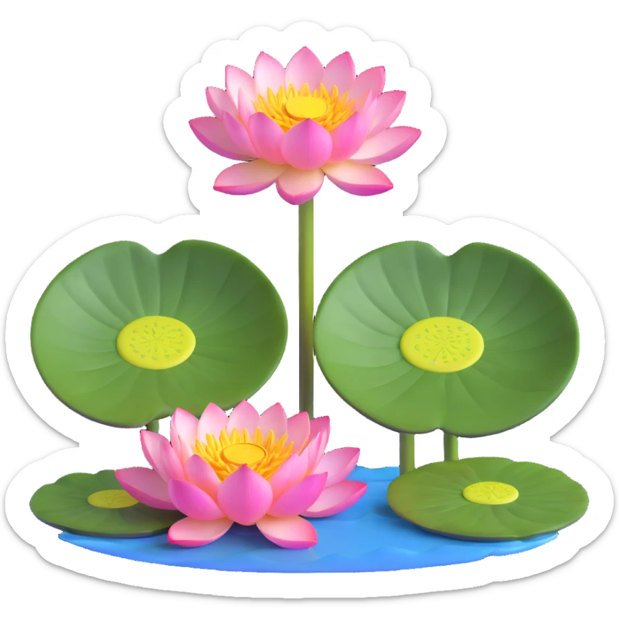 Elegant lotus flower with pink petals, yellow center and circular green lotus pad in water sticker