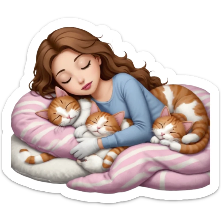 girl with long wavy brown hair, brown eyes, long lashes makeup, sexy pink lips, light to medium complexion,  sleeping on a cozy pillow, with 6 cats: 1 brown and white tabby cat, 1 ginger and white, 2 grey and white, 1 grey has white mittens and small white patch on its chest and 1 calico, sleeping sticker