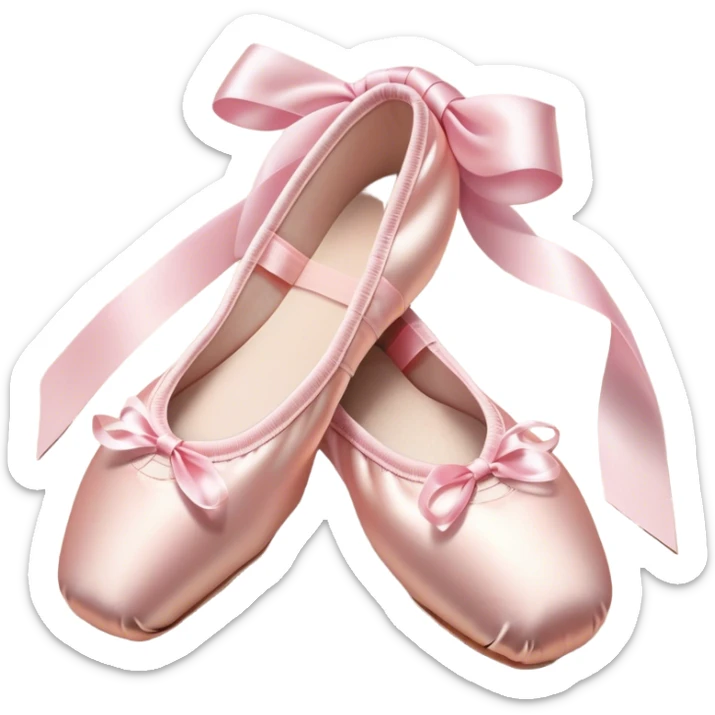 Cinematic Realistic Ballet Shoes, soft satin pink pointe shoes with delicate ribbons, resting gently on a polished wooden floor, subtle creases in the fabric, glowing under the warm golden light of a rehearsal studio, evoking elegance and grace. sticker