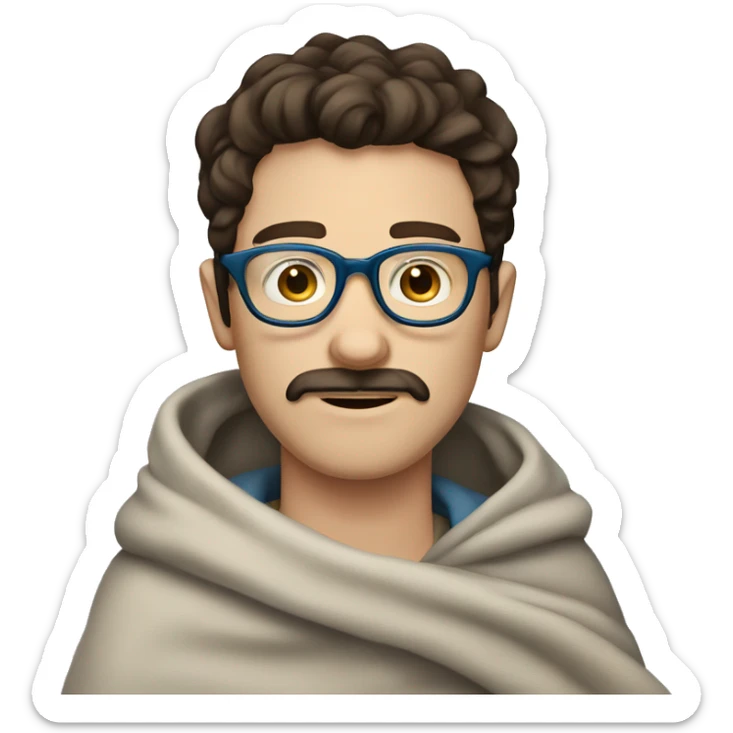 Pale Guy, dark brown hair, moustache and stubble, blue eyes, round glasses, covered in blanket sticker