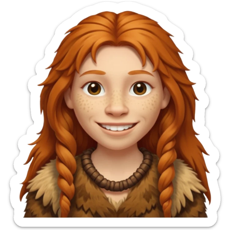 smiling Neanderthal woman with long ginger hair and animal skin clothing sticker