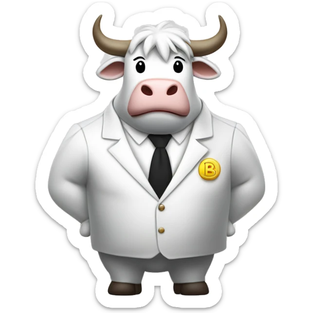 When the coin with the word Booms is turned, a white bull with a white mane and a white suit with the word Booms is standing with arms crossed. sticker