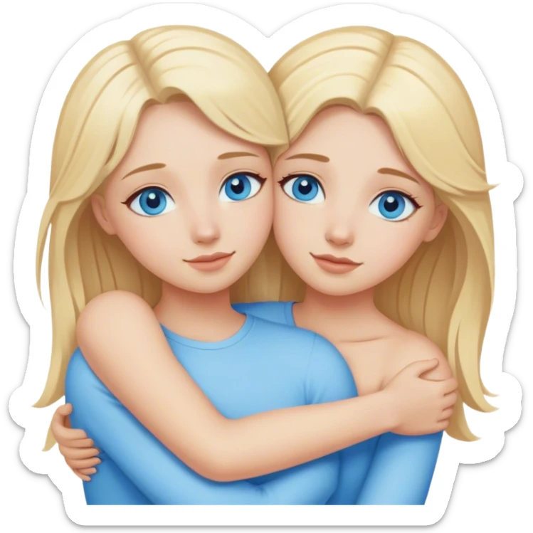 Cinematic realistic two sisters with blonde hair and blue eyes hug sticker