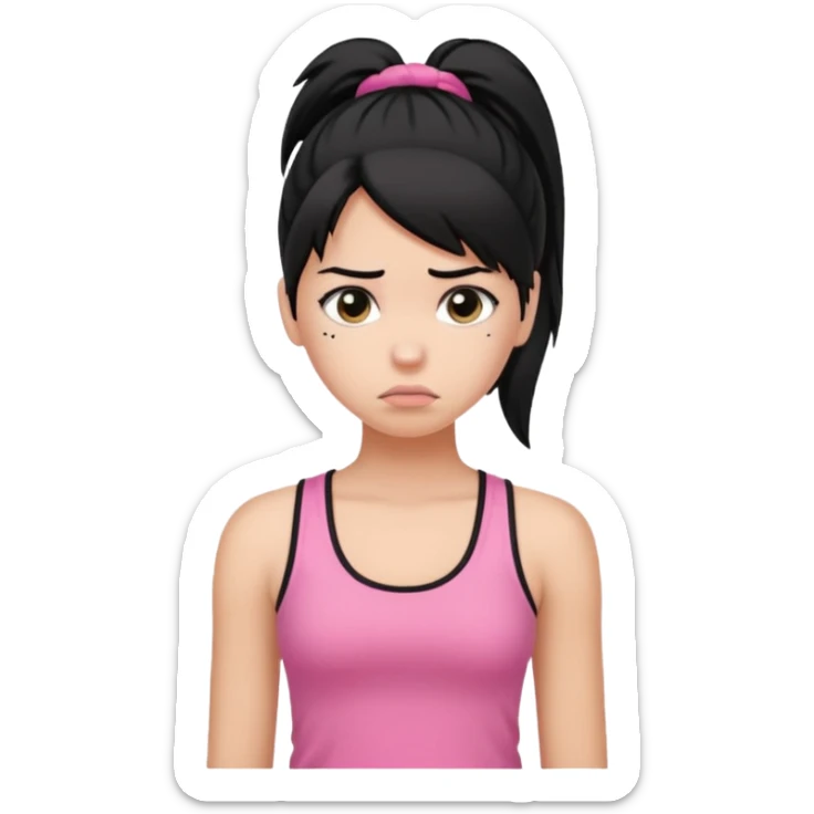 A tan girl with black hair in a ponytail. Wearing a pink tank top. Looking sad sticker