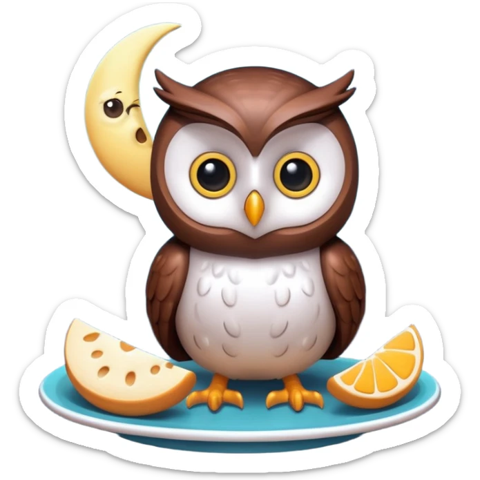 3D symbolizing night owl, late night food order, moon and food theme, cute and modern, soft lighting, glossy, isolated, no background
 sticker