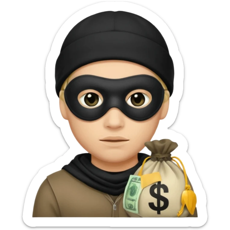 robber wears black eye mask and black beanies with money bag beside him sticker