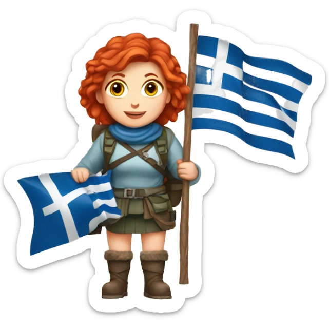 red hair female winter mountaineer offering Easter eggs and Greek flag sticker