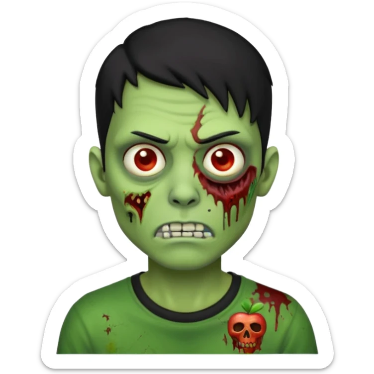Zombie Emoji AppleIOS Style, lowfade Black Hair, nose piercing, and Black T-shirt, Green Skin sticker