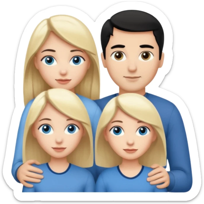 3 people. Throuple. Blank woman with blond hair and blue eye color on left. a blank man with black hair and grey eye color in the middle. And a blank woman with brown hair and grey eye color on the right. Holding each other  sticker