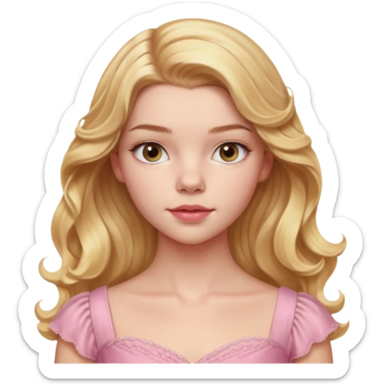 Cinematic Realistic Anya Taylor Joy Portrait, depicted with lifelike skin texture, subtle rosy undertones, and soft natural lighting that enhances the gentle contours of her face. Her intricately detailed golden blonde hair is elegantly wavy, and pink dress sticker