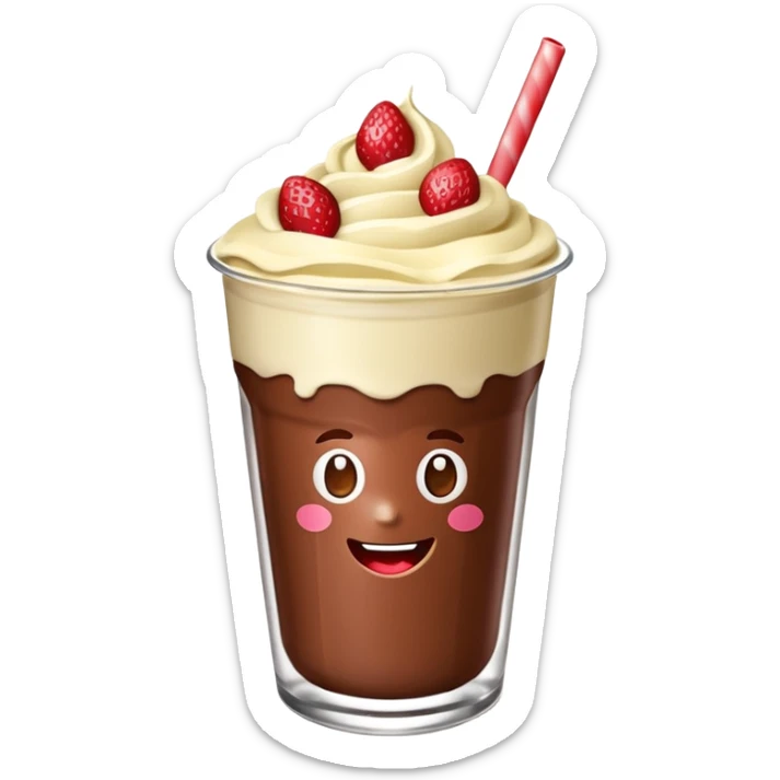 Un vaso cubierto de chocolate que arriba se vea crema batida fresas y mym sticker