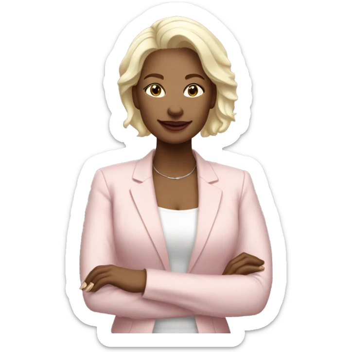 a 40 years old business woman in finance with the shortest platinum blonde hair wearing pale pink blazer sticker