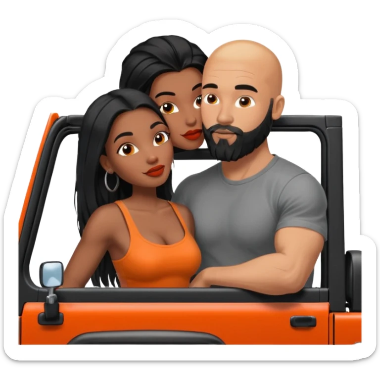 Intimate moment between lovers, real photo Realistic Couple, black woman with long black balayage hair is kissing bald white muscular man with orange facial hair and beard in a red Jeep Wrangler  sticker