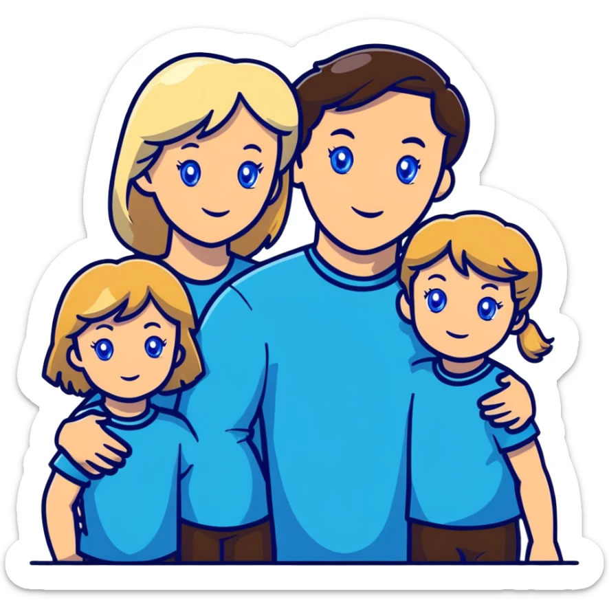 Family portrait with father with dark brown hair and blue eyes, mother with light brown hair and blue eyes, three blonde little girls with blue eyes sticker
