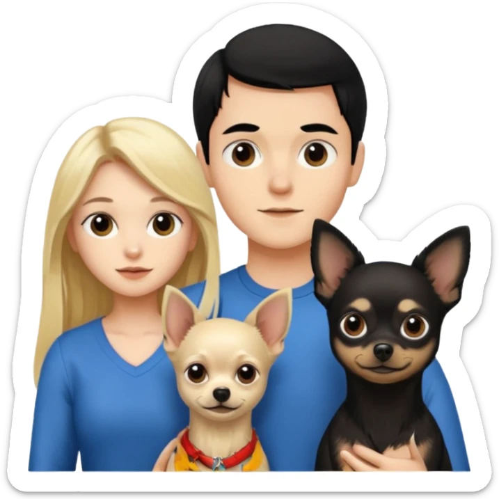  Pareja Chico pelo largo rubio. Chica pelo negro y chihuahua negro  sticker