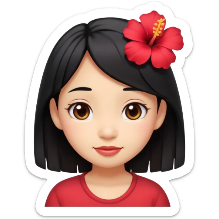 cute emoji-style girl face inspired by Lilo from Lilo & Stitch, only the head, big round eyes, soft smile, smooth tan skin, straight black hair, a single red hibiscus flower hair clip on the left side, kawaii style, minimal details, pastel colors sticker