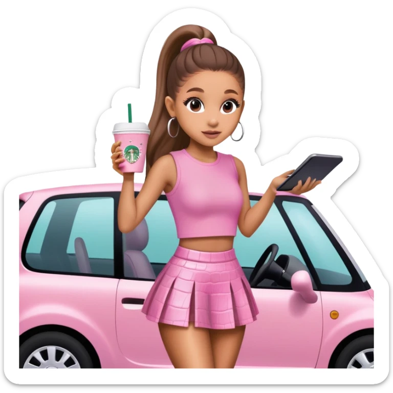 Ariana grande driving to Starbucks wearing a pink croc top and pink short skirt  sticker