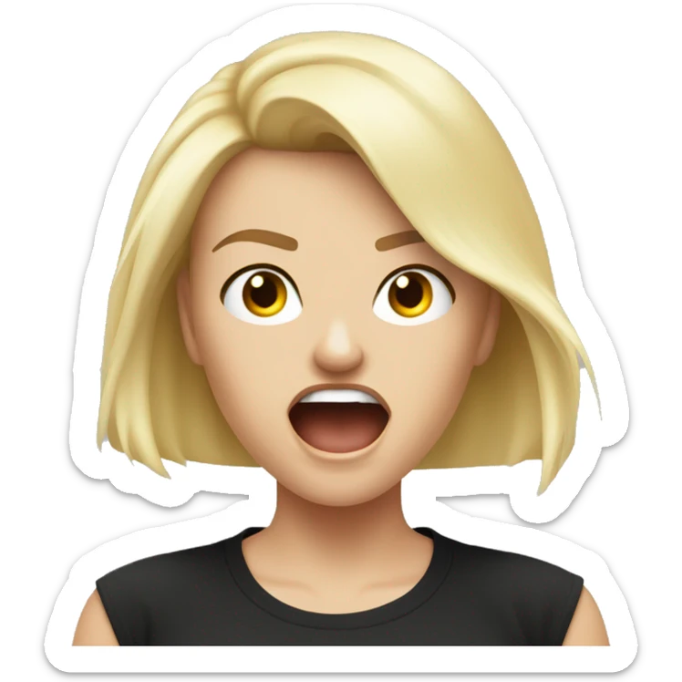 A beautiful white woman blonde model is angry and screaming in a black T-shirt with a thunder logo sticker