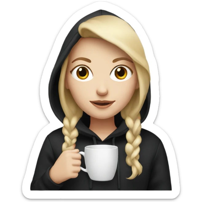 white girl with blond hair in black hoodie with cup sticker