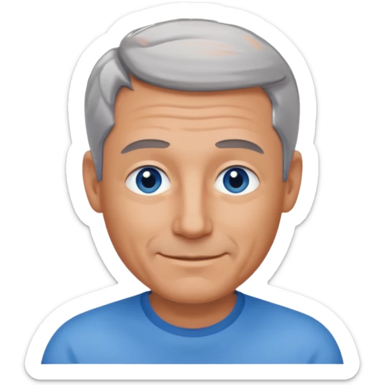 Middle aged man with tanned skin, receding dark grey hair and no beard, blue eyes, shy smile sticker