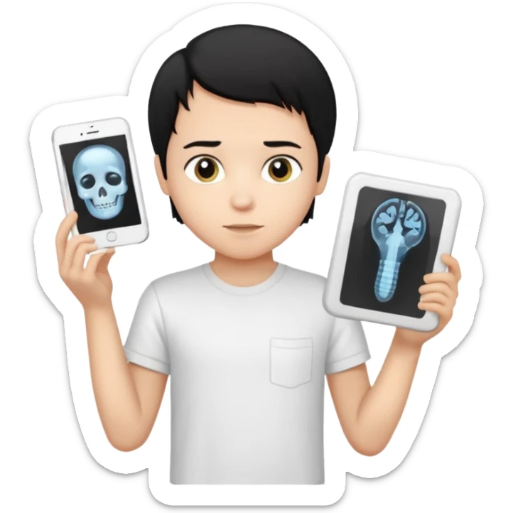 generate a pretty bratz emoji of a boy with black hair wearing a white tshirt and holding a cT sticker