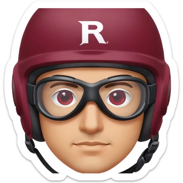  Italian guy wearing sports goggles in a maroon helmet with the R on the side sticker