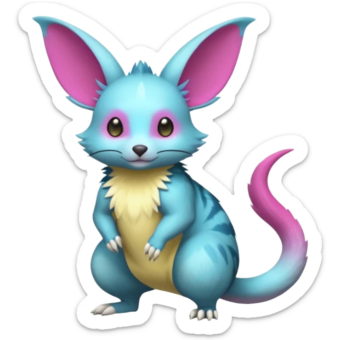 Shiny smooth silky soft Cyan-Yellowish-Magenta Minccino-Zeraora-Emolga-Vernid-Sergal-Fakémon-Chinchilla-fusion-hybrid-animal-creature, full body sticker