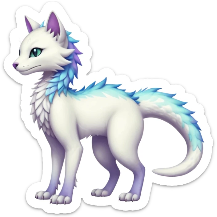 Kawaii white iridescent edgy fantasy feline-vernid-sergal-fursona animal creature with a tufted tail full body with intricate markings  sticker