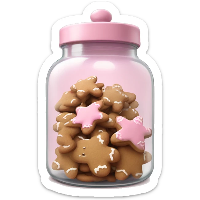 Realistic glass cookie jar with light pink lid full of gingerbread cookies isolated.  sticker