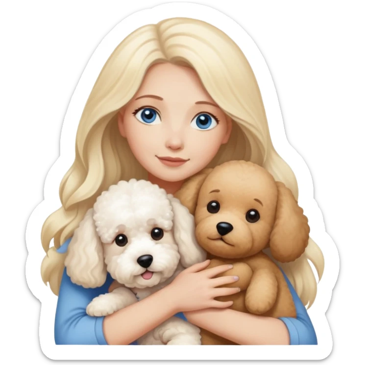 Blonde blue-eyed long-haired mother -hugs two dogs-a Bichon Frise- and- a Teddy sticker