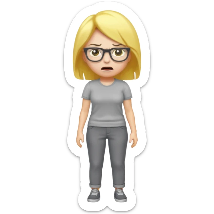 cartoon angry mother with yellow hair, wearing glasses, gray shirt and pants, emoji style sticker