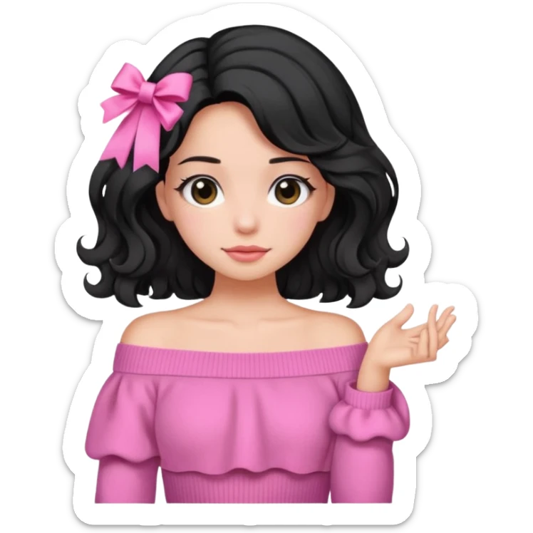 Girl with black wavy not so long hair and a ribbon hair clip beside it make it look like wearing a pink off shoulder sweater sticker