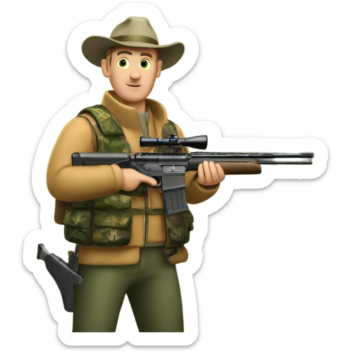 White man deer hunting in woods wearing camouflage holding a shotgun sticker