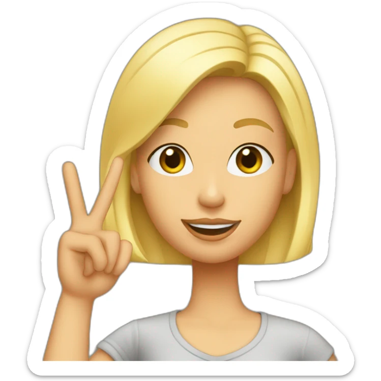 A blonde wearing a t-shirt with the text "Miss Bourbon" and making the peace sign sticker