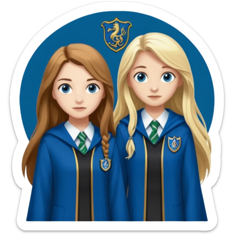 a pretty ravenclaw girl with long brown hair and blue eyes standing with a hot Slytherin girl with long blonde hair, blue eyes sticker