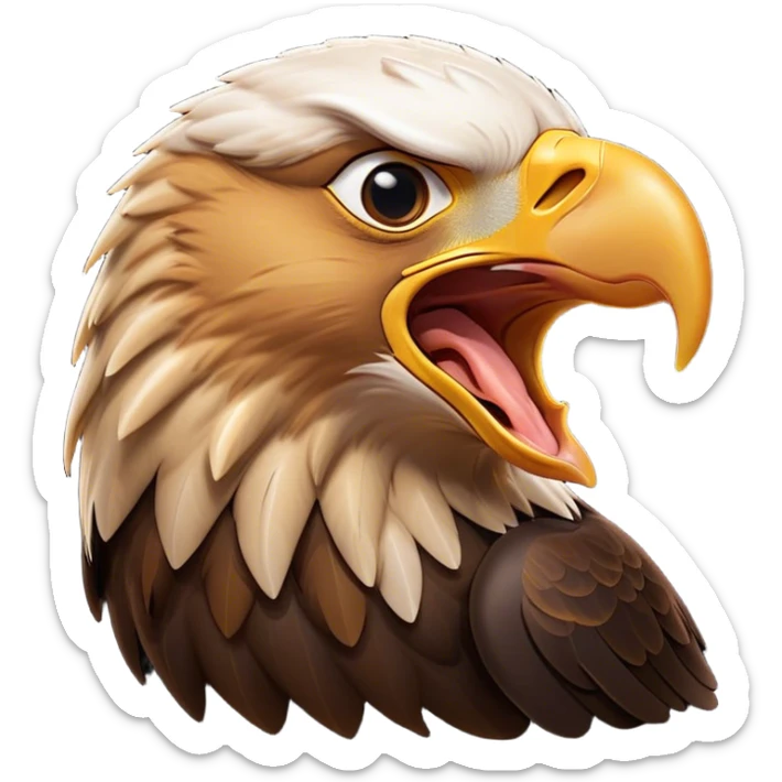 Cinematic Cute Yawning Golden Eagle Portrait Emoji, Head tilted slightly with a dramatic, wide-open yawn, showcasing a robust, majestic form with softly drooping feathers and sleepy, half-closed eyes, Simplified yet irresistibly adorable features, highly detailed, glowing with a soft, cozy amber glow, high shine, relaxed yet expressive, stylized with a dash of whimsical aerial charm, soft glowing outline, capturing the essence of a drowsy yet affectionate golden eagle that appears ready to stretch out for a nap! sticker